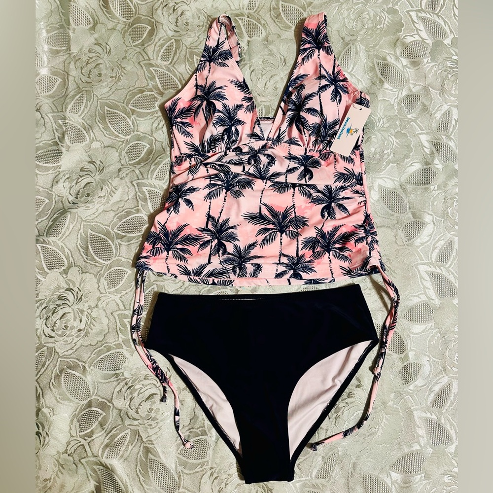 Pink Palm-Print Two-Piece Swim Set